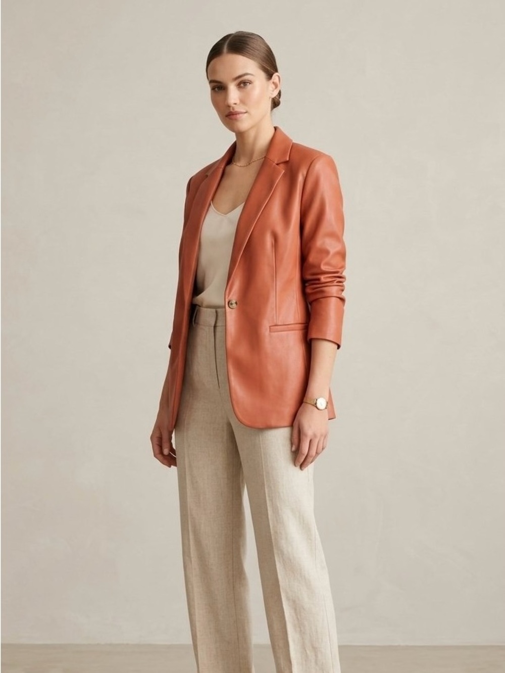 LOFT Faux Leather One-Button Blazer Jacket in Tawny Rust - Size Small